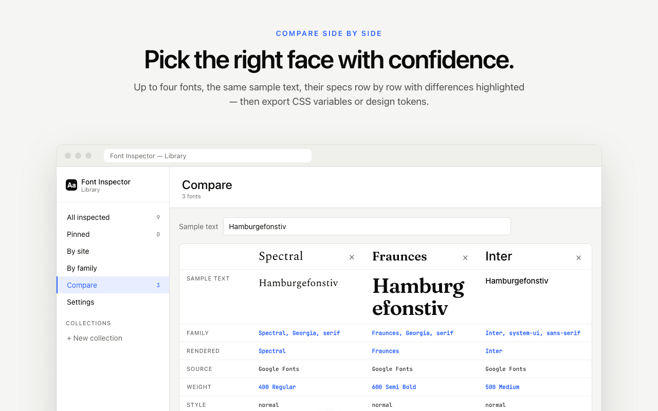 Font Inspector library compare view showing three saved fonts side by side, each set in the same sample sentence