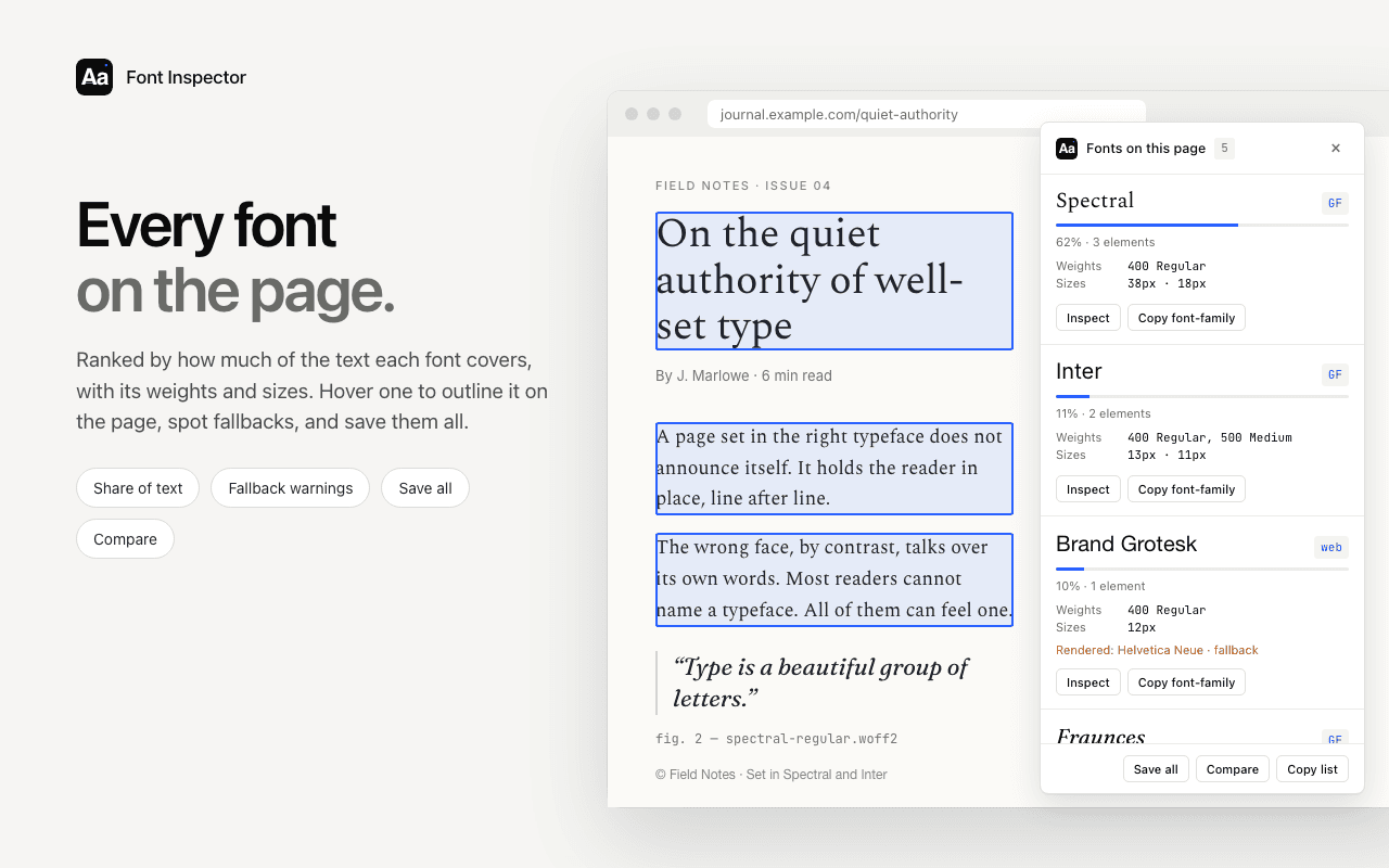 Font Inspector’s Fonts on this page view listing each font family with its share of text, the weights and sizes in use, and a fallback warning on one family