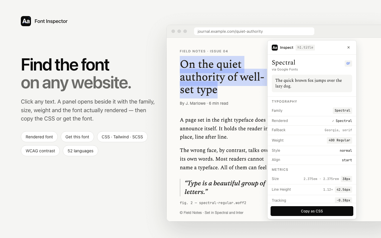 Font Inspector panel beside a paragraph, listing the font family, the rendered font, the fallback stack, weight, size, line height and a Copy as CSS button