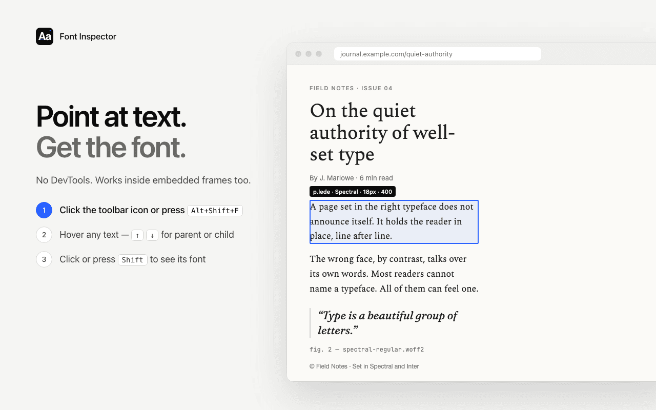 Font Inspector pick mode on a web page, with a paragraph outlined and a label showing its element, font family, size and weight